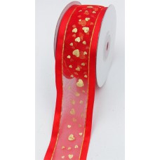 Red Organza Ribbon With Satin Edges and Gold Hearts, Valentine`s Day Ribbon, 1.5 Inch x 25 Yards (1 Spool) SALE ITEM
